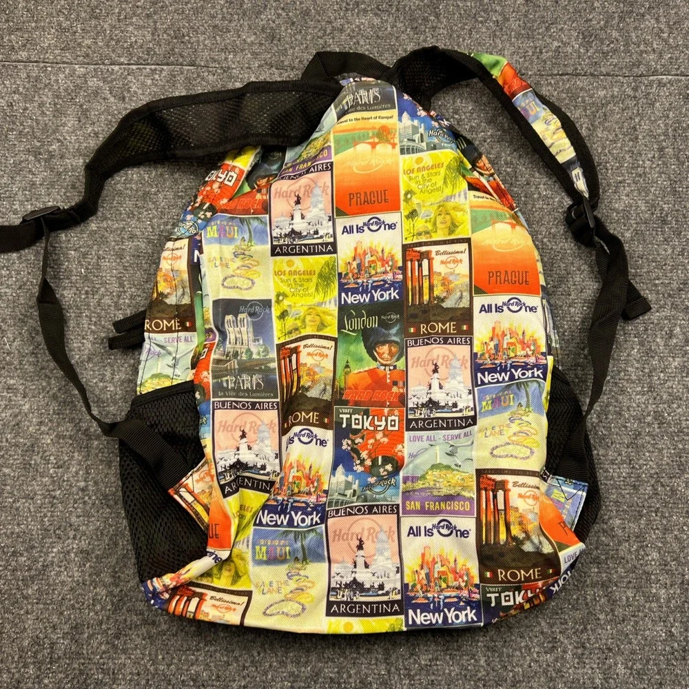 Hard Rock Cafe Backpack Multi Color Postcard City Print Travel Bag IM10015078